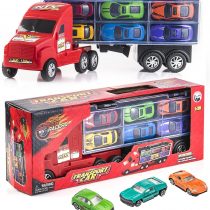 Prextex 15" Carrier Truck Toy Car Transporter Includes 6 Metal Cars Toy For Boys Great For Boys