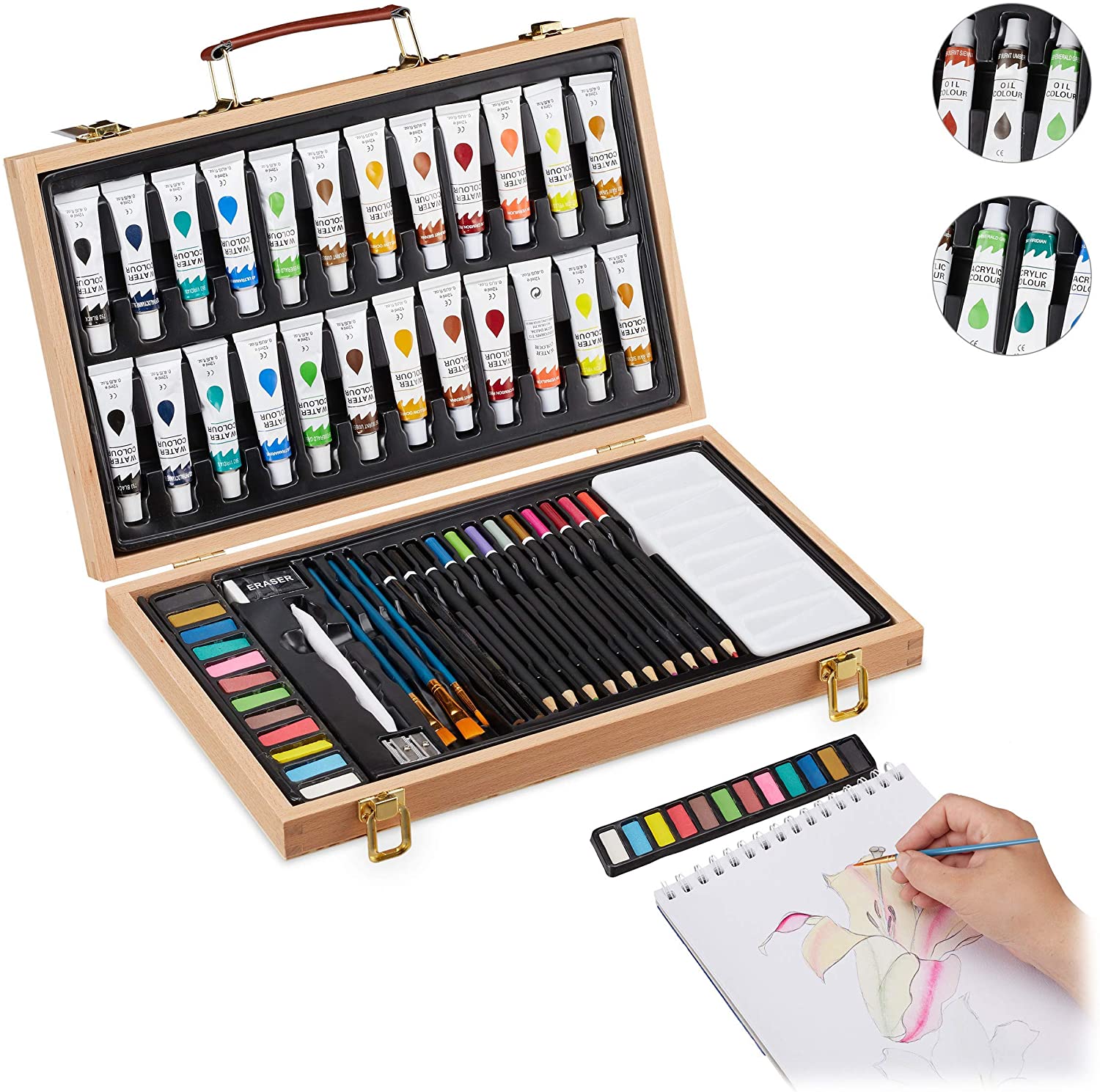 Relaxdays Art Set, 56-Piece Paint Wooden Box, Artist Set including Eraser, Colouring & Sketch Pencils, Aquarelle, Natural