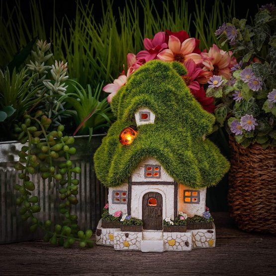 TERESA'S COLLECTIONS Flocked Fairy House Garden Ornaments with Solar Powered Lights, Waterproof Resin Garden Statue Outdoor Cottage Figurines for Patio Lawn Yard Decorations, 20cm - Image 2