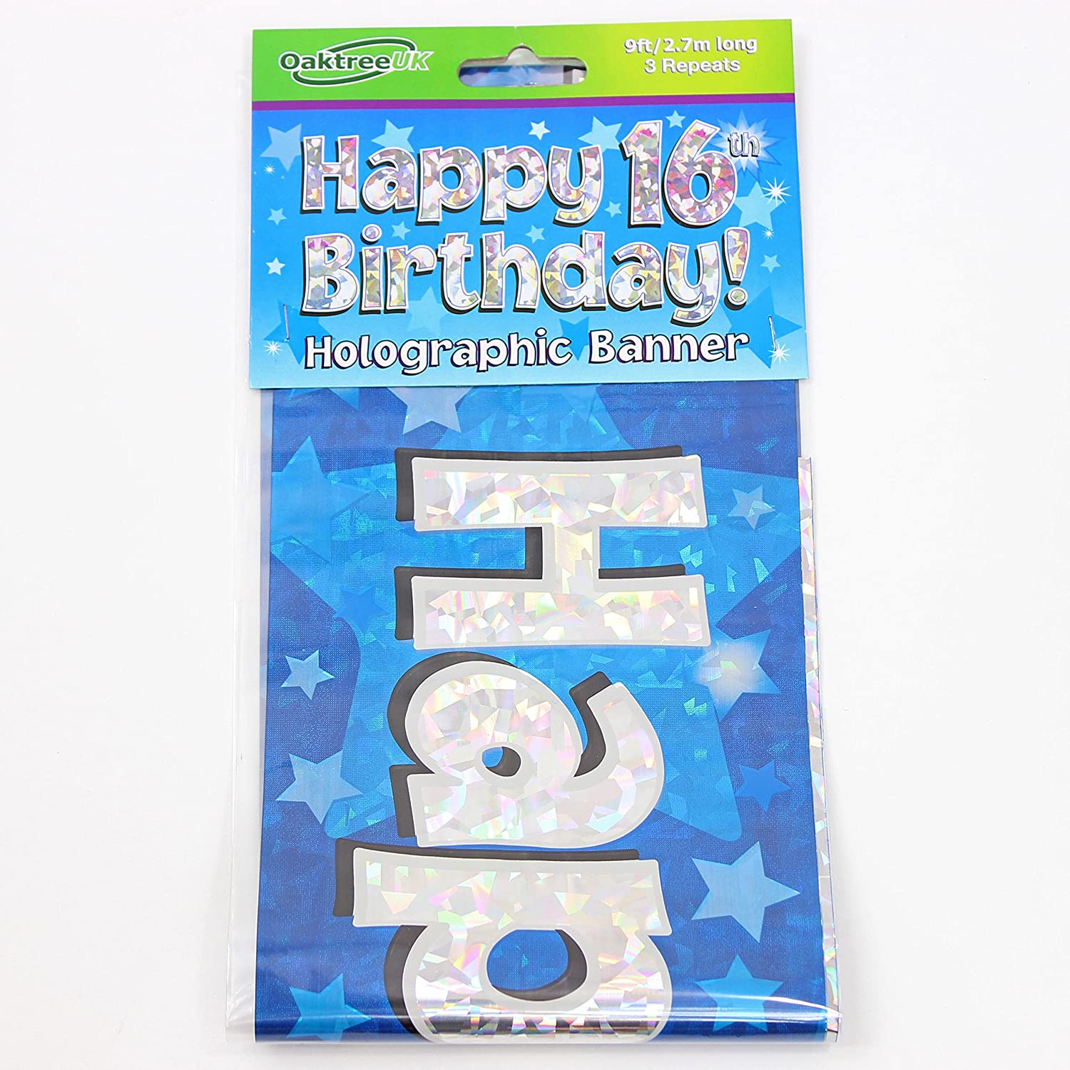 16th Birthday Blue Holographic Banner by Signature Balloons, Large - Image 2