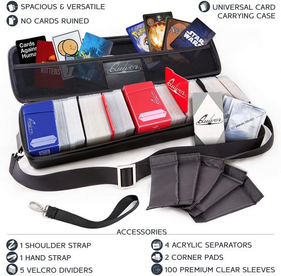 Quiver Time Black Quiver Collector Card Carrying Case - Card/Deck Storage Case with Wrist and Shoulder Strap, Dividers & Separators, Corner Pads + 100 Apollo Card Sleeves - Deck Box Bag Compatible - Image 4