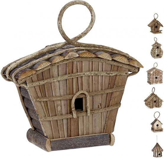 Relaxdays Hanging Decor Birdhouse, Untreated Wood, Balcony, Patio, Garden, Nesting Aid, 29 x 27 x 11 cm, Natural