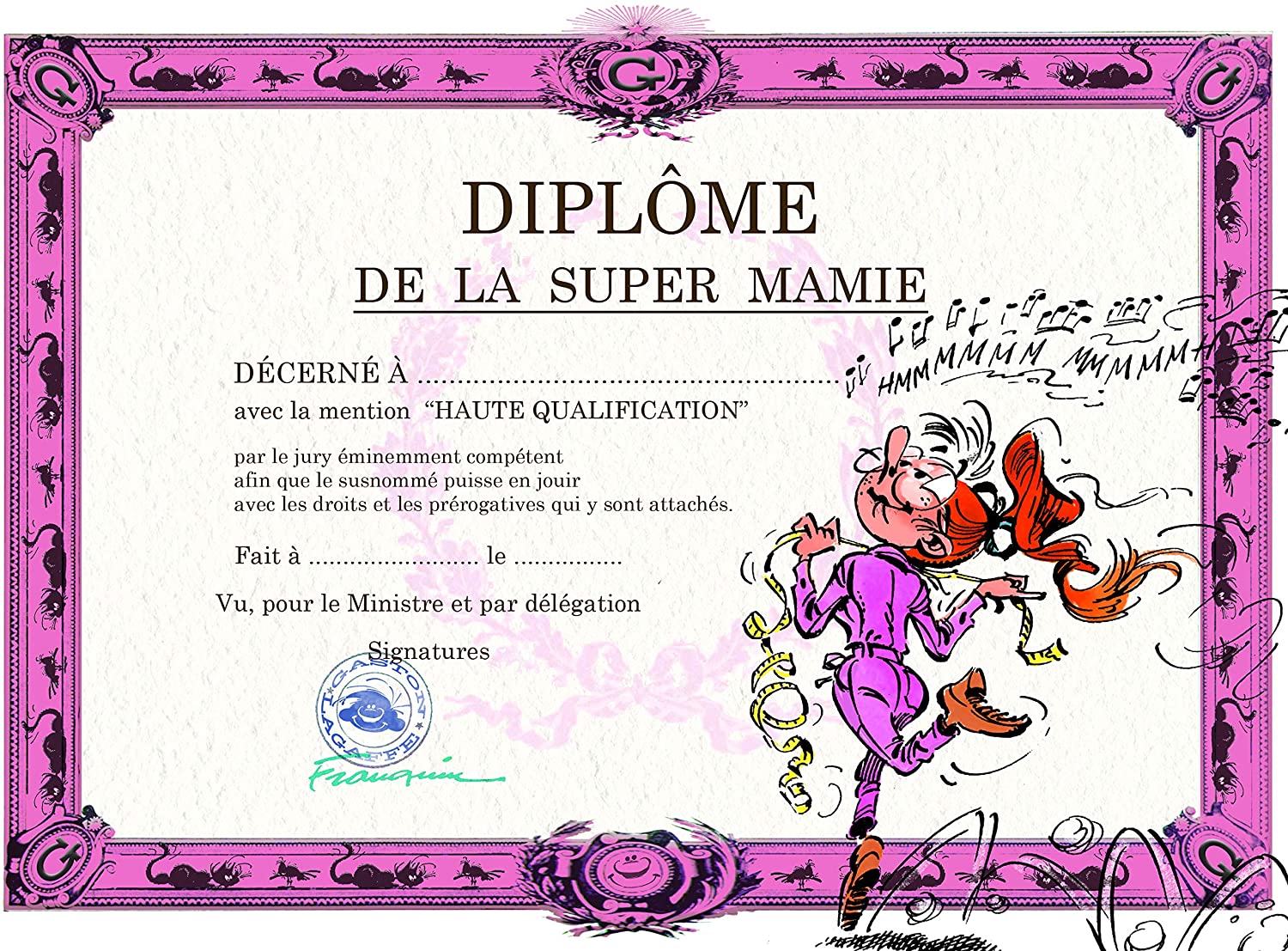 Gaston Lagaffe Diploma Card for Grandma Grandma Good Mum - Mlle Mademoiselle Jeanne Chante - Birthday or Grandmother's Day