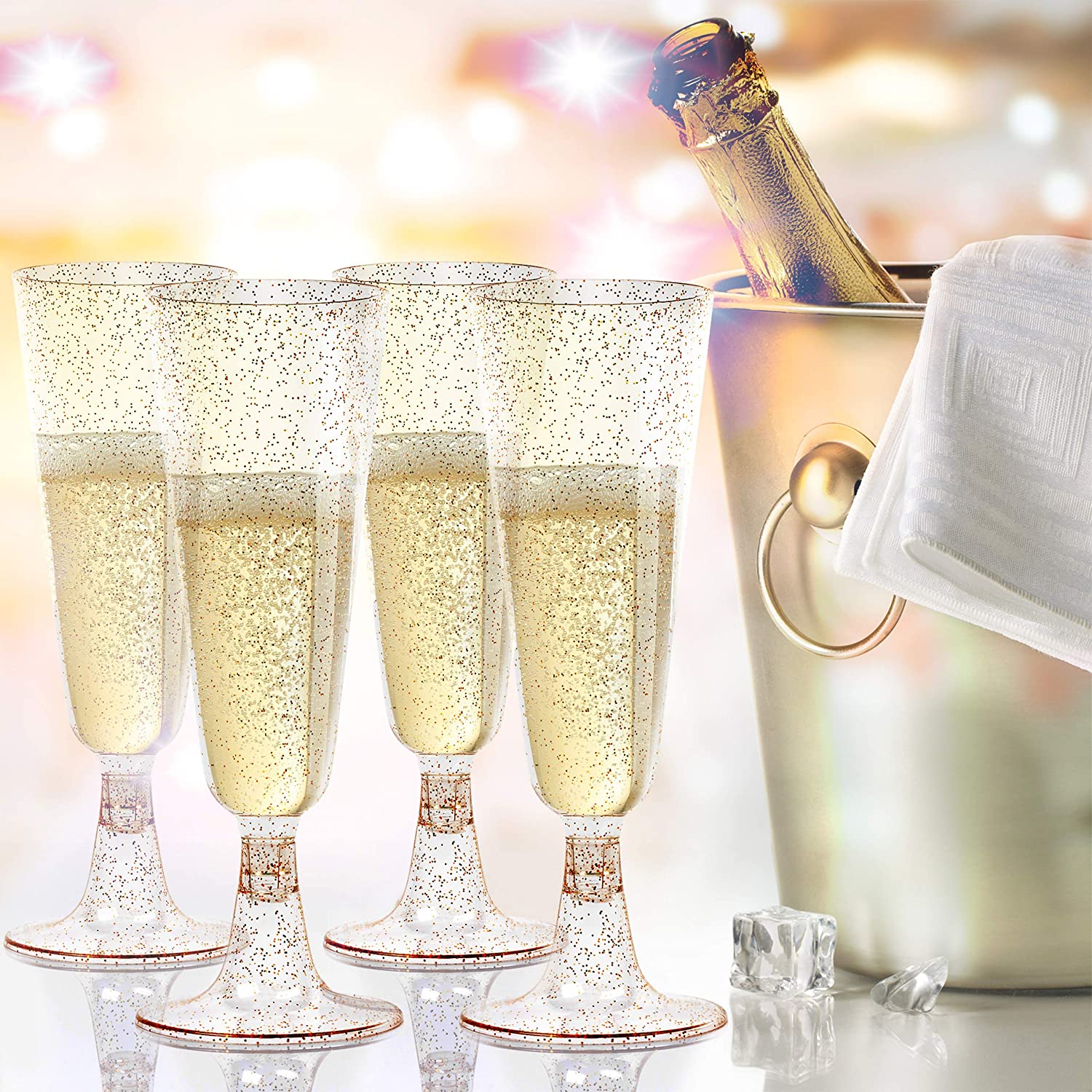 MATANA 100 Premium Elegant Plastic Champagne Flutes with Gold Glitter, 150ml, Reusable Toasting Glasses - Image 3
