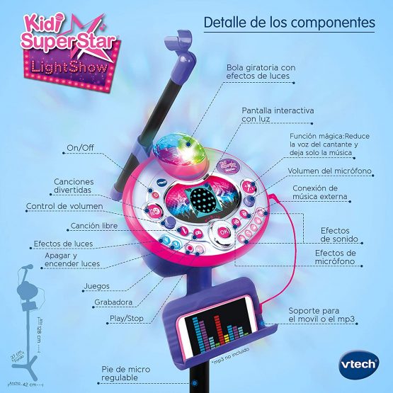 VTech - Kidi SuperStar LightShow, Interactive Electronic Karaoke, MP3 Connection, Light Effects, Voice, Recorder, Built-in Speaker, Games, Clapse and Oovation Sounds, Pink (80-165822) - Image 2