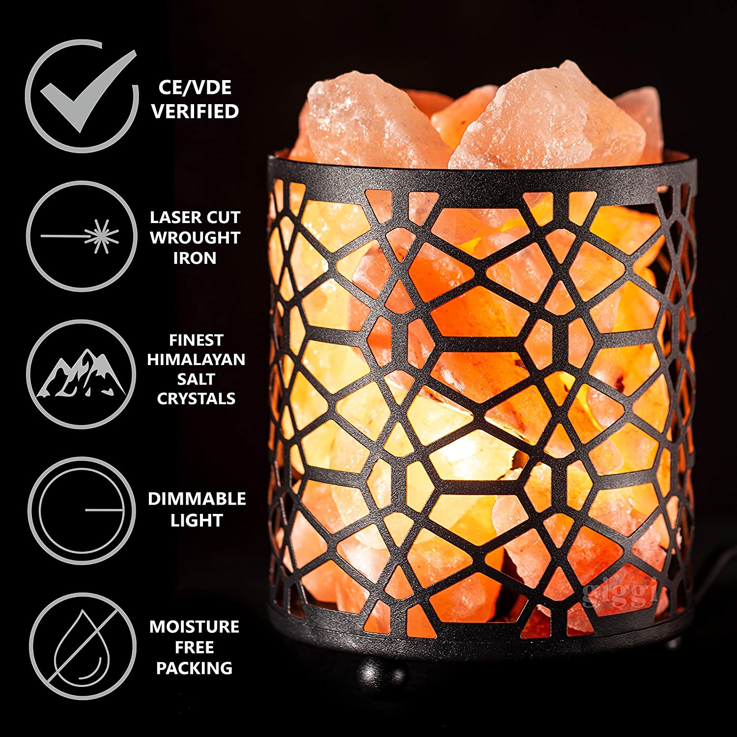 Giggi Himalayan Salt Lamp With Dimmer Switch, Metal Basket Pink Crystal Table Lamp - Image 2