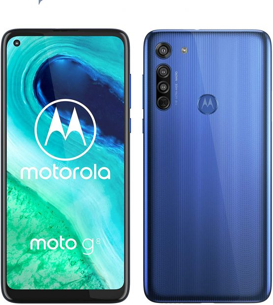 Motorola Moto G8 (6,4" HD+ zero-notch display, Qualcomm Snapdragon SD665, 16MP main camera, 2MP macro camera, 4000 mAH battery, Dual SIM, 4/64GB, Android 10, Neon Blue, Neue Blue, a_NA