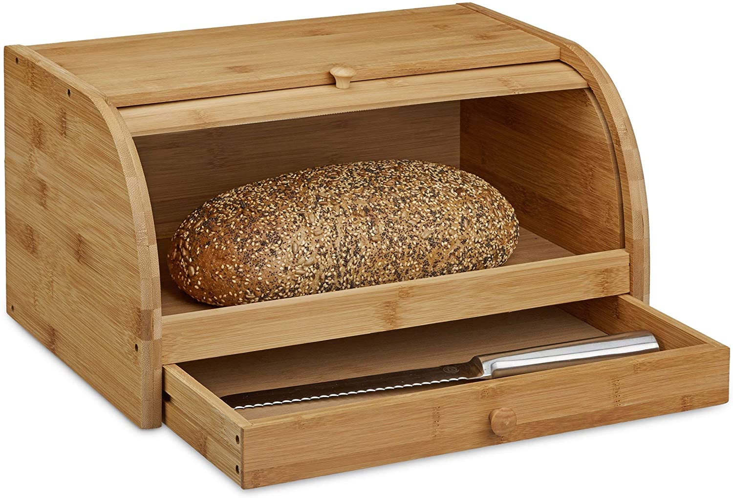 Relaxdays Rolling Bread Box with Drawer, Bamboo, Aroma-Preserving, Bread Bin with Rolling Lid, Size: 21 x 40 x 28 cm, Wood, Natural