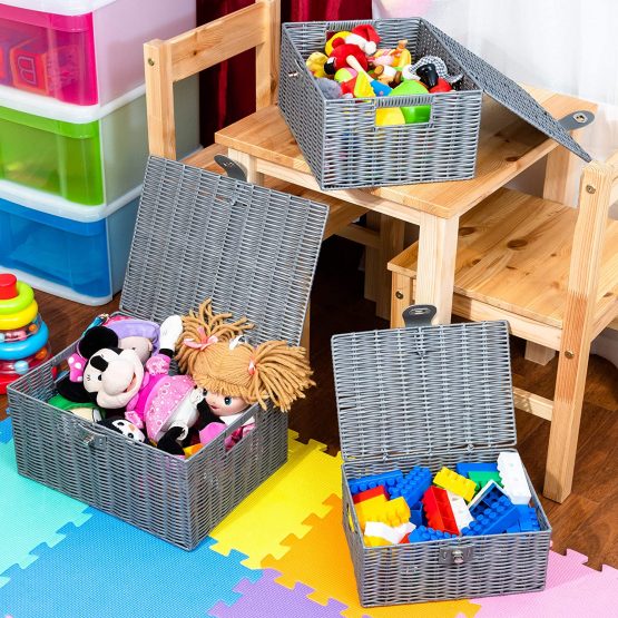 ARPAN Set of 3 Resin Woven Storage Basket Box with Lid & Lock Grey, Large, Medium, Small BigaMart