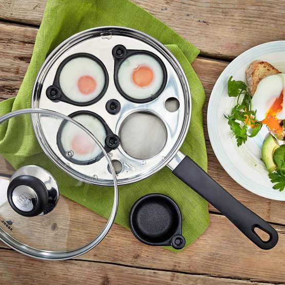 Judge Vista JJ86A Four-Cup Egg Poacher and Stainless Steel Frying Pan, 20cm, Vented Glass Lid and Stay-Cool Handle, Induction Ready, 25 Year Guarantee 10 Year Non-Stick Warranty - Image 3