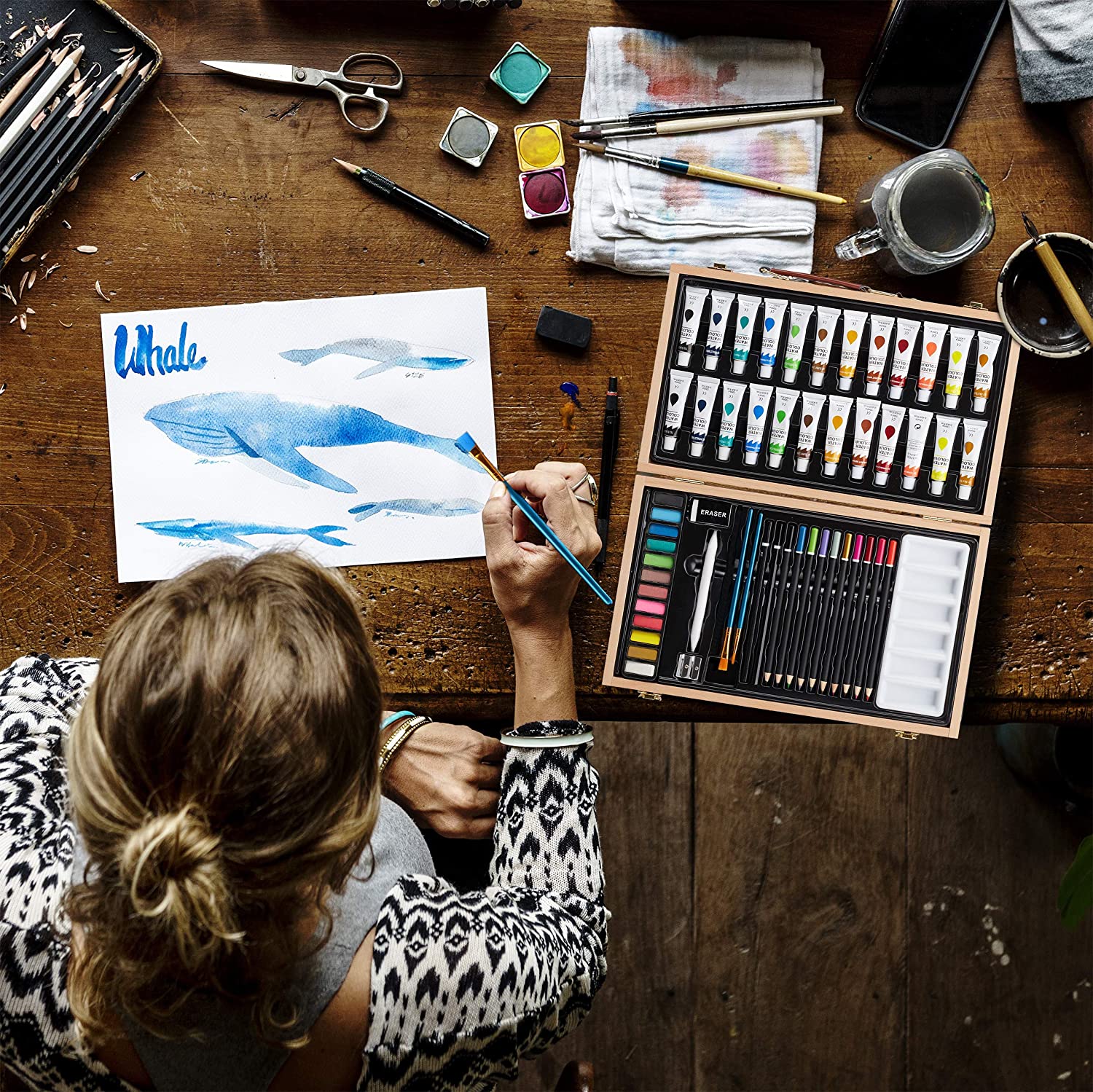 Relaxdays Art Set, 56-Piece Paint Wooden Box, Artist Set including Eraser, Colouring & Sketch Pencils, Aquarelle, Natural - Image 2